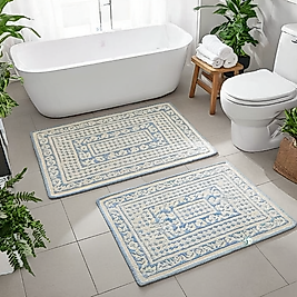 Vintage Mavi Beyaz İşlemeli %100 Vegan 2'li Klozet Takımı – Şık Banyo Paspas Seti, 60x90 & 50x60 cm