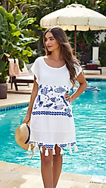 Pamuklu Viskon Plaj Elbisesi – Mavi Desenli, Beyaz (S-M)