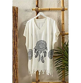 Kadın Desenli Yazlık Plaj Elbisesi – Pamuklu Viskon, Rahat Kesim (S-M)