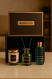 Baracco Özel Tasarım 3’lü Koku Seti – Erkekler İçin Zarif Parfüm, Premium Oda Kokusu & Sanatsal Mum