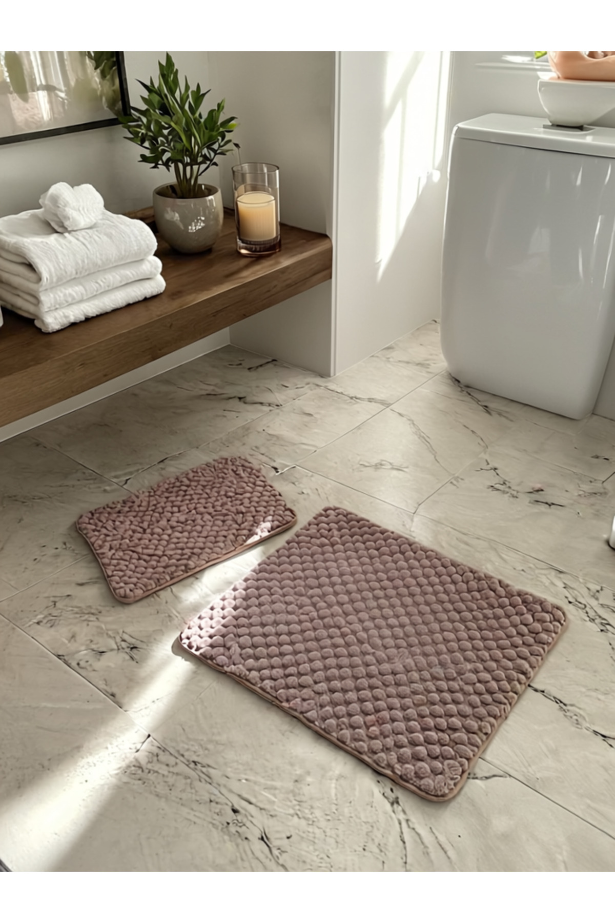 2'li Toz Pembe Banyo Paspas Takımı – Klozet Takımı (Kaymaz Tabanlı), 40x50 & 50x90 cm