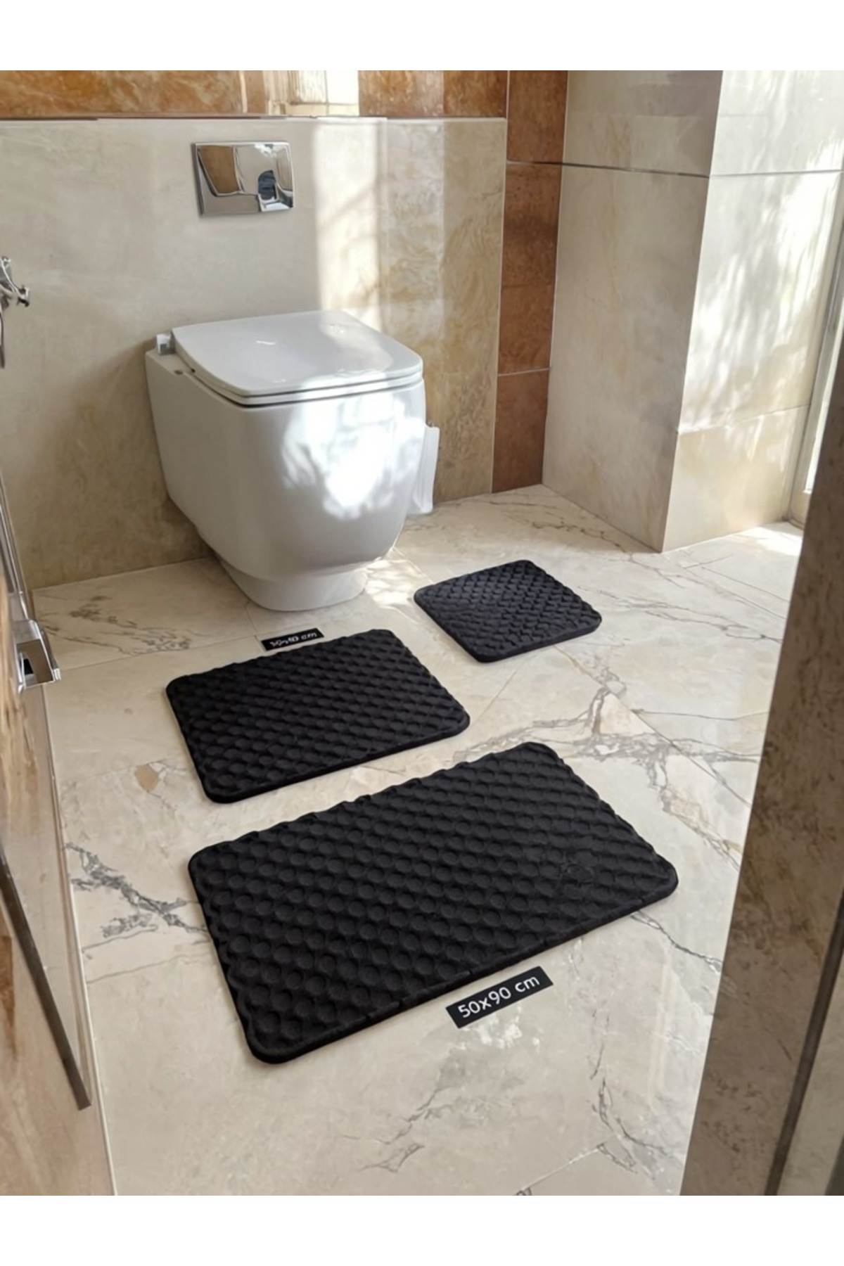 Modern Siyah Klozet Takımı – 2’li Şık Banyo Paspas Seti, 50x90 & 40x50 cm