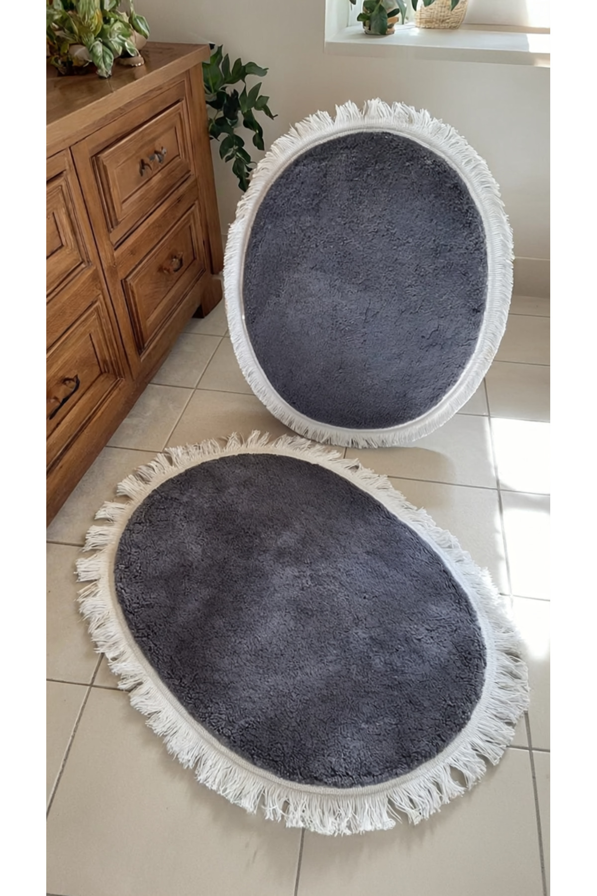 Yumuşak Dokulu, Kaydırmaz Taban Gri 2’li Oval Paspas Seti – Lüks Banyo Konforu